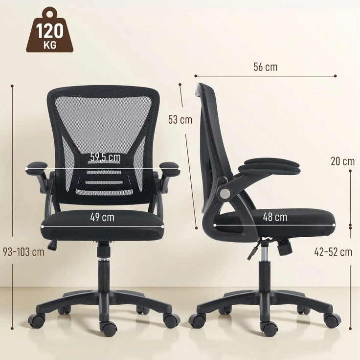 Wohnora-Bürostuhl Ergonomischer Höhenverstellbarer Schreibtischstuhl mit Hochklappbaren Armlehnen, Lendenwirbelstütze, Schwarz,H 1030cm x T 595cm x B 255cm – Bild 5