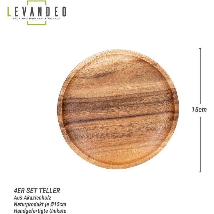 Levandeo® Dekoteller, 4er Set Runde Teller Akazie Ø15cm Holzteller Snackteller Dekoteller – Bild 2