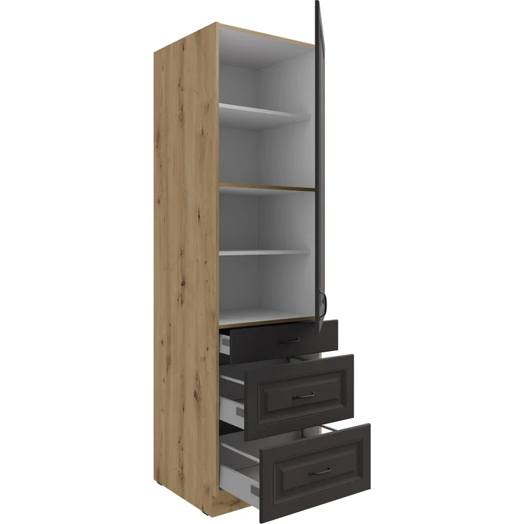 Küchen Hochschrank 60 cm mit Schubladen Stilo Grau + Eiche Artisan Küchenzeile Küchenblock Einbauküche Landhaus Küche – Bild 2
