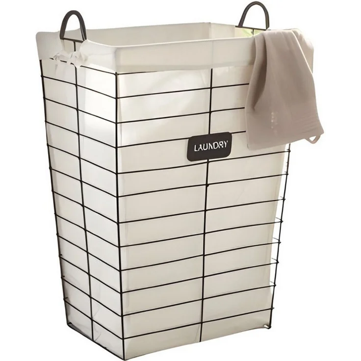 Dekoleidenschaft Wäschekorb "Laundry" aus Metall in matt-schwarz, mit Canvas Stoffeinsatz in beige, 43x33x61 cm, Wäschesammler minimalistisch, Wäschebox tragbar – Bild 1