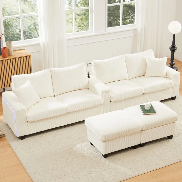 6-Sitzer Wohnlandschaft B 334 x T 128,5 x H 81 cm aus Cord mit USB, Type-C und LED – Bild 4