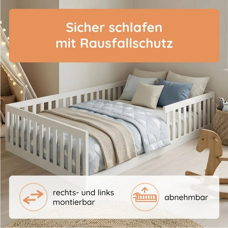 Kids Collective Kinderbett Bodenbett Bett mit Rausfallschutz & Lattenrost Montessori Bett Kinder (90x200, 120x200 und 140x200), Jugendbett Einzelbett Kiefer-Vollholz Weiß 120x200 – Bild 2
