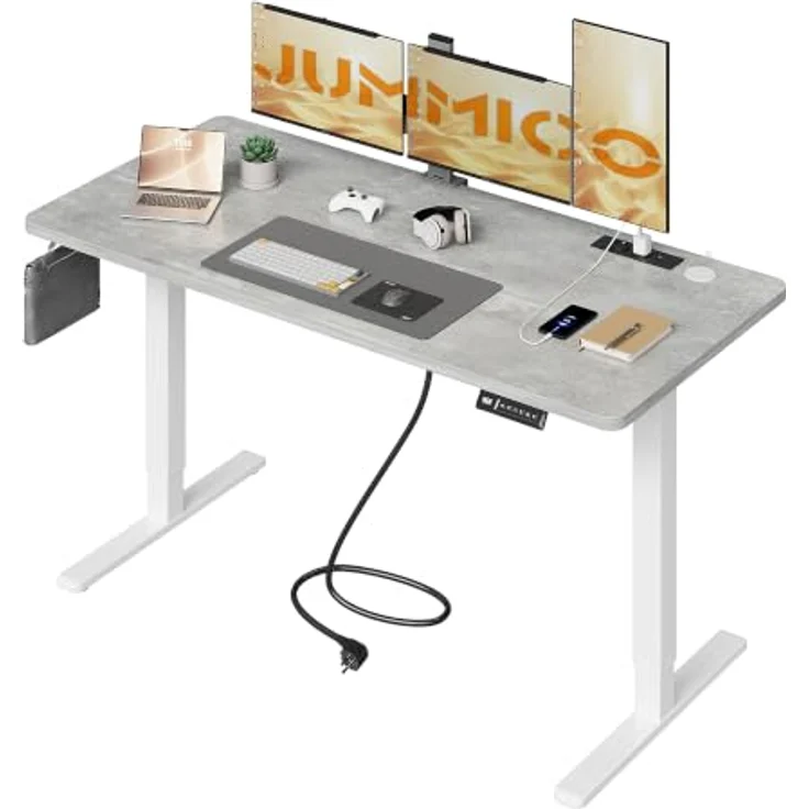 JUMMICO Höhenverstellbarer Schreibtisch 140x70 cm mit Steckdose | Schreibtisch Höhenverstellbar Elektrisch Stehtisch, Steh-Sitz Tisch, Bürotisch Computertisch für Home Office, Grau – Bild 1