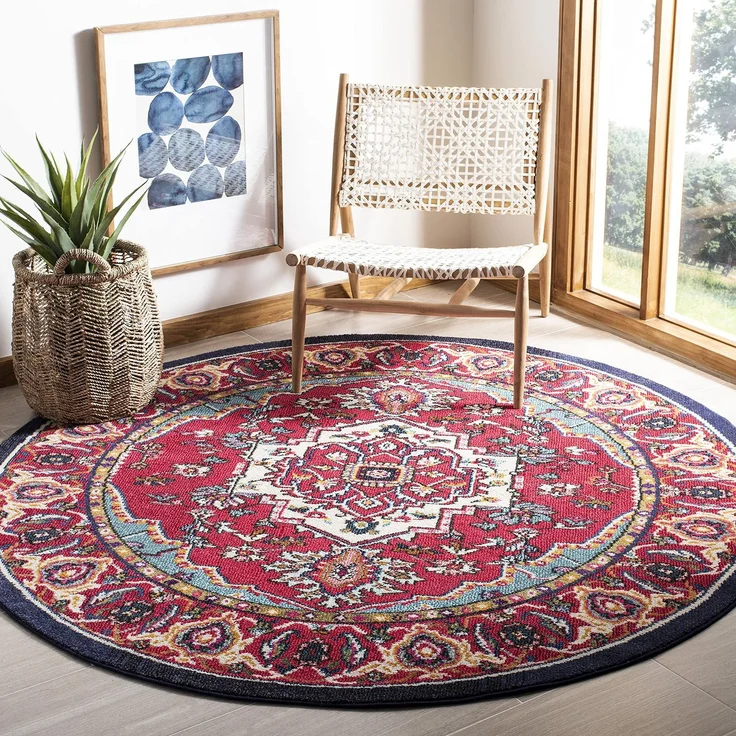 SAFAVIEH Boho Teppich für Wohnzimmer, Esszimmer, Schlafzimmer - Monaco Collection, Kurzer Flor, Rot und Türkis, 200x200 cm