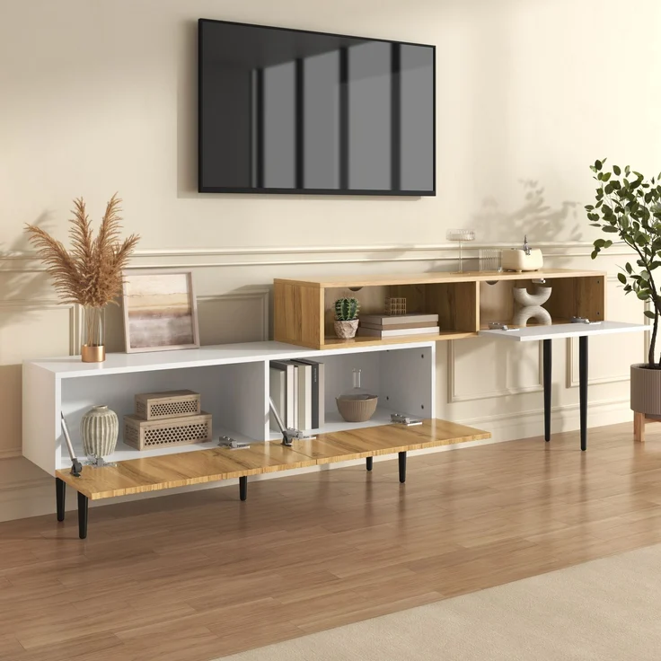 Merax TV-Schrank mit verstellbarer Länge, Modulares 2-teiliges Design, Holzoptik + Weiß matt, Schwarze Metallbeine – Bild 6