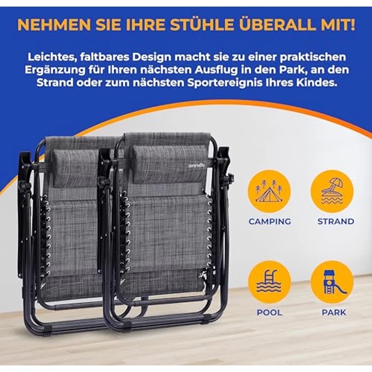 SereneLife Liegestuhl Klappbar, Relaxliege 2er Set Grau als Gartenmöbel zum Relaxen & Liegen, Sonnenstuhl für Balkon, Garten, Terrasse & Camping mit Seitentisch, Kopfkissen & Getränkehalter – Bild 7