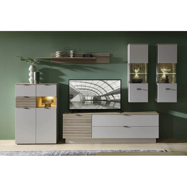 Wohnwand >Ina< (4-teilig) in Riva Eiche Dekor / Cashmere - 240x186x44 (BxHxT) – Bild 8