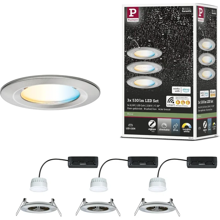 Paulmann 92443 LED Einbauleuchte Nova Coin 3er-Set Zigbee Tunable White Eisen gebürstet IP44