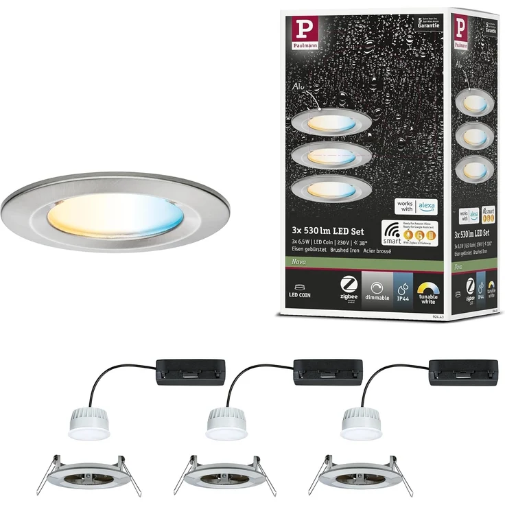Paulmann 92443 LED Einbauleuchte Nova Coin 3er-Set Zigbee Tunable White Eisen gebürstet IP44 – Bild 1