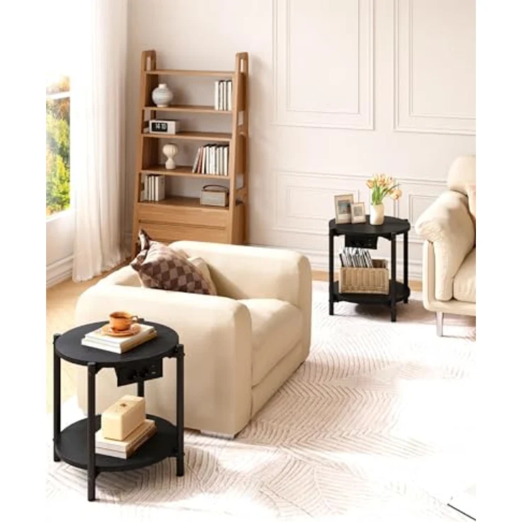 IRONCK Beistelltisch rund, Couchtisch mit Steckdose, Kleiner Tisch Holz, Wohnzimmertisch 2 Ablagen,Sofatisch,USB & Type-C-Anschluss, Metallrahmen, Nachttisch für Schlafzimmer (Schwarz, 2 Stücke) – Bild 9