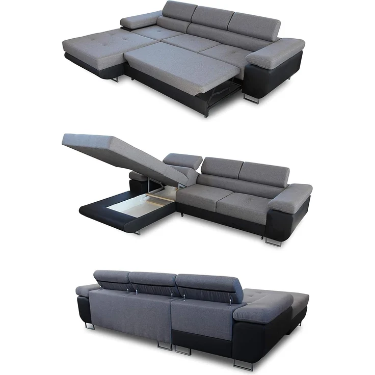 Ecksofa Divo mit Schlaffunktion, Bettkasten und einstellbare Kopfstützen (Schwarz + Grau (Soft 011 + Sawana 21), Ecksofa Links) – Bild 4