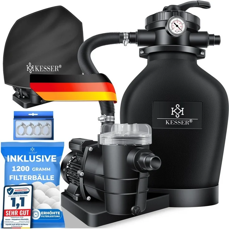 KESSER Sandfilteranlage 600W Sandfilter für Pools 13200L/h Durchfluss Poolfilter 7-Wege Ventil (Filteranlage mit Pumpe, 1200g Filterbälle Druckmanometer, Abdeckung), Tankvolumen für bis 30kg Sand Professionelle Poolwasserfilterung – Bild 1