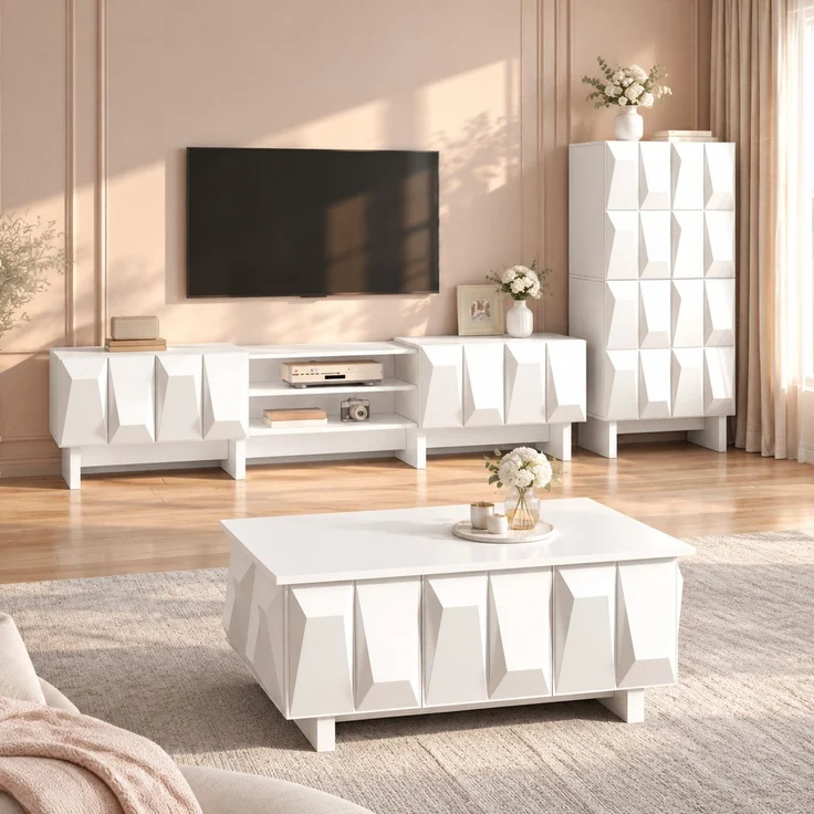 DESVIAE Sideboard-Set 3-tlg. Weiß aus Spanplatte – TV-Lowboard 180x44,5x34 cm – geometrische 3D-Fronten – Bild 1