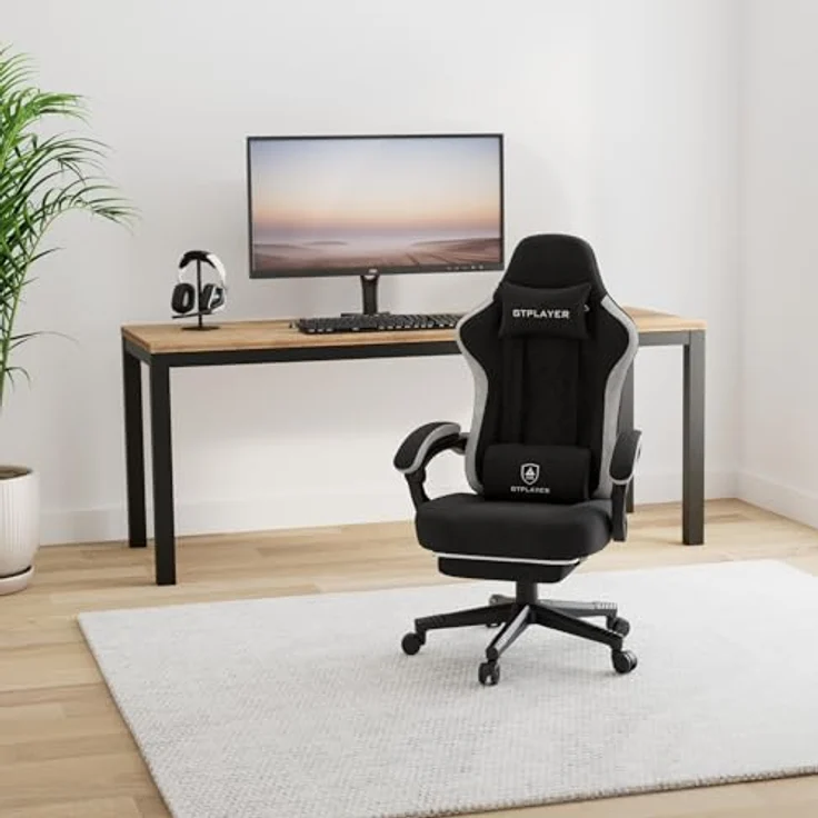 GTPLAYER Gaming Stuhl Ergonomischer Gaming Sessel Schreibtischstuhl mit Stoffoberfläche, Federsitzkissen, Verbindungsarmlehnen und Fußstütze schwarz – Bild 3