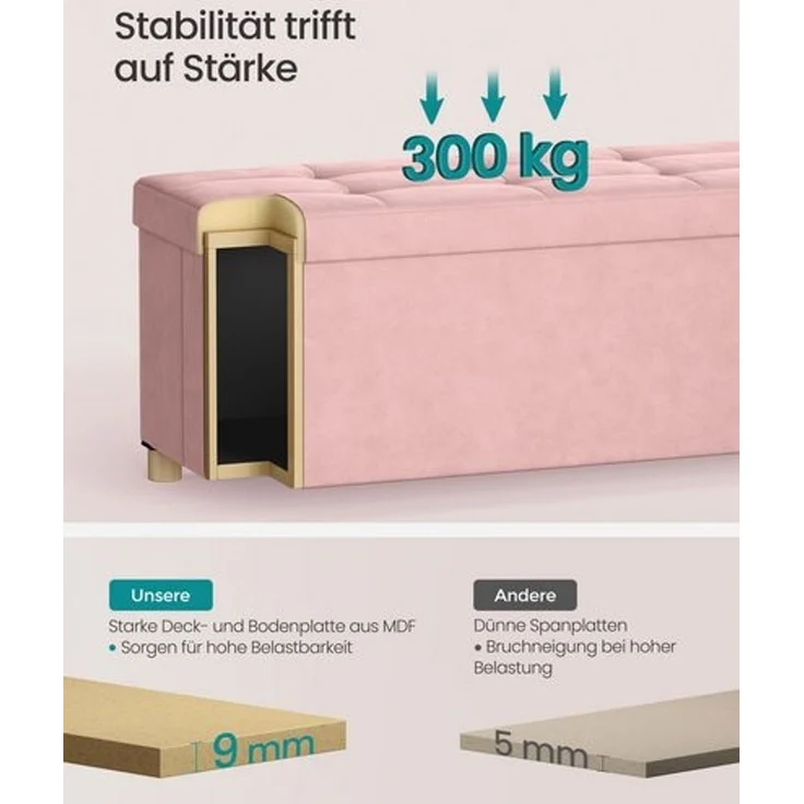 SONGMICS Sitzbank mit Stauraum, Hocker faltbar, 38 x 110 x 40 cm, Aufbewahrungsbox mit Deckel, Fußhocker 112 L, Samt, bis 300 kg belastbar, Flur Wohnzimmer Schlafzimmer – Bild 5