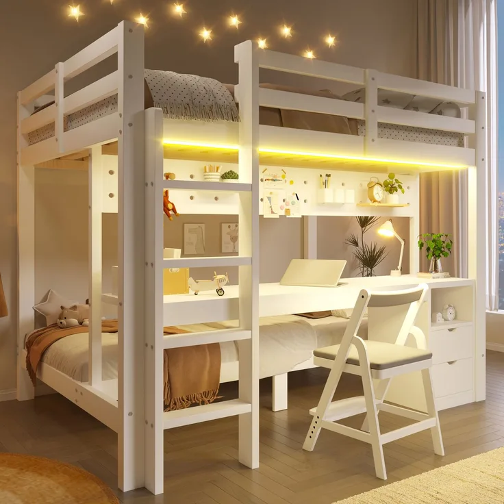 Merax Etagenbett, Hochbett, Kinderbett 90x200 cm & 140x200 cm, mit Schubladen und Schreibtisch, ausgestattet, inklusive LED-Lichtleiste, (Keine Stühle), Weiß