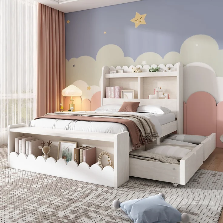 Kinderbett / Einzelbett Stauraumbett 230×98×100 cm (L×B×H) – Massivholz & MDF mit Lattenrost, Liegefläche 90×190 cm, Weiß + Light Oak – Bild 1