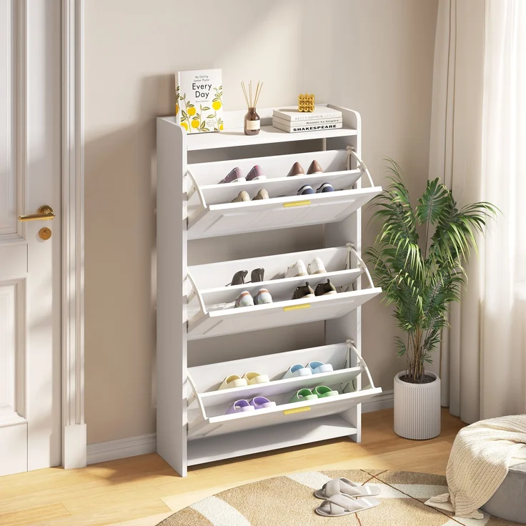Schuhschrank 70x24x120 cm weiß 2 Klapptüren 6 Fächer Ablagefläche – Bild 6