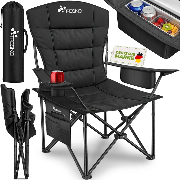 TRESKO® Campingstuhl Faltbar bis 200kg | Faltstuhl mit Kühltasche, Getränkehalter & Seitentasche | Klappstuhl XXL inkl. Tragetasche | Angelstuhl gepolstert für Outdoor, Angeln, Festival & Garten – Bild 1