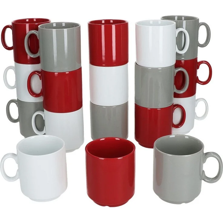 MamboCat Becher MamboCat 18x Event Trio Kaffeebecher 250ml Grau Rot Weiß stapelbar, Porzellan – Bild 1