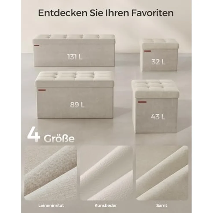 SONGMICS Sitzhocker mit Stauraum, klappbare Sitzbank, 38 x 110 x 38 cm Fußbank, Aufbewahrungsbox, bis 300 kg belastbar, für Wohnzimmer Schlafzimmer Flur, cremeweiß LSF277W01 – Bild 9