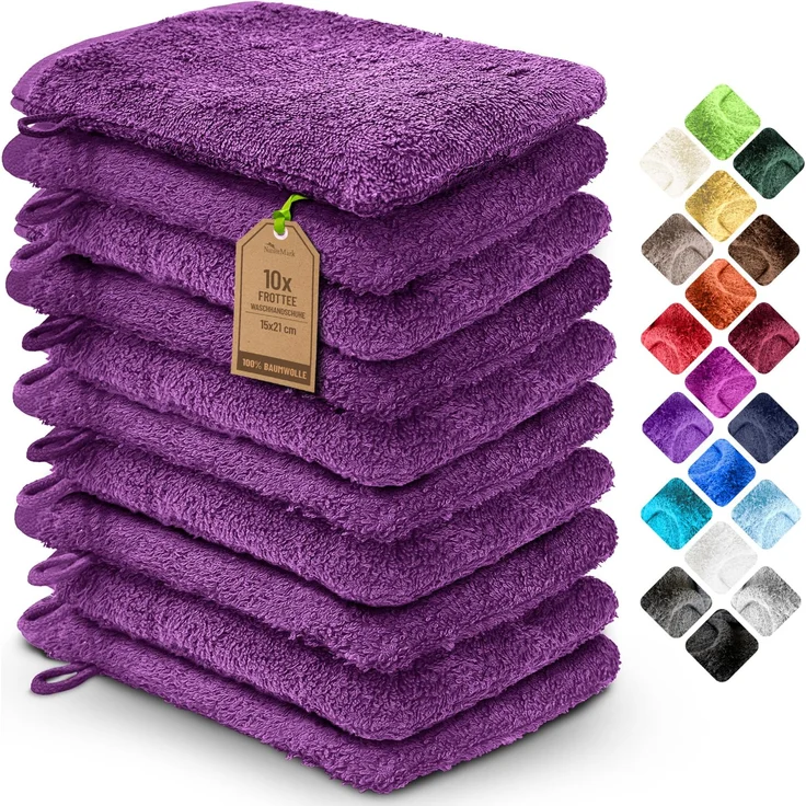 NatureMark 10x Waschhandschuhe aus Frottee 100% Baumwolle – Weich und Robust, Ideal für die tägliche Pflege und Gäste – Lila, 15x21 cm