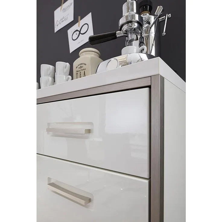 Highboard TRENTO Weiß Hochglanz und Absetzungen Grau