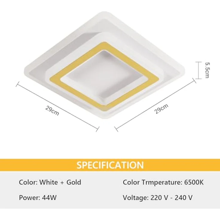 Goeco LED Deckenlampe, 44W 4950LM 6500K Kaltesweiß Gold Deckenleuchte Quadratisch aus Acryl, LED Lampen Deckenbeleuchtung Innen für Wohnzimmer Schlafzimmer Flur Küche Balkon – Bild 3