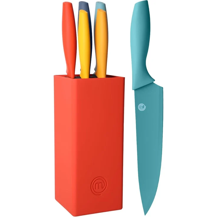 MasterChef Messerblock mit Messer, Messerset mit Block, Scharfe Messer Set mit Küchenmesser, Kochmesser, Brotmesser, Schälmesser & Allzweckmesser, Edelstahlklingen, Softgriff, 6-teilig, Mehrfarbig