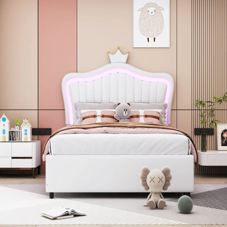 Kinderbett 90x200 cm mit Polsterkopfteil, LED-Beleuchtung und 2 Schubladen–weißes Kunstleder – Bild 3