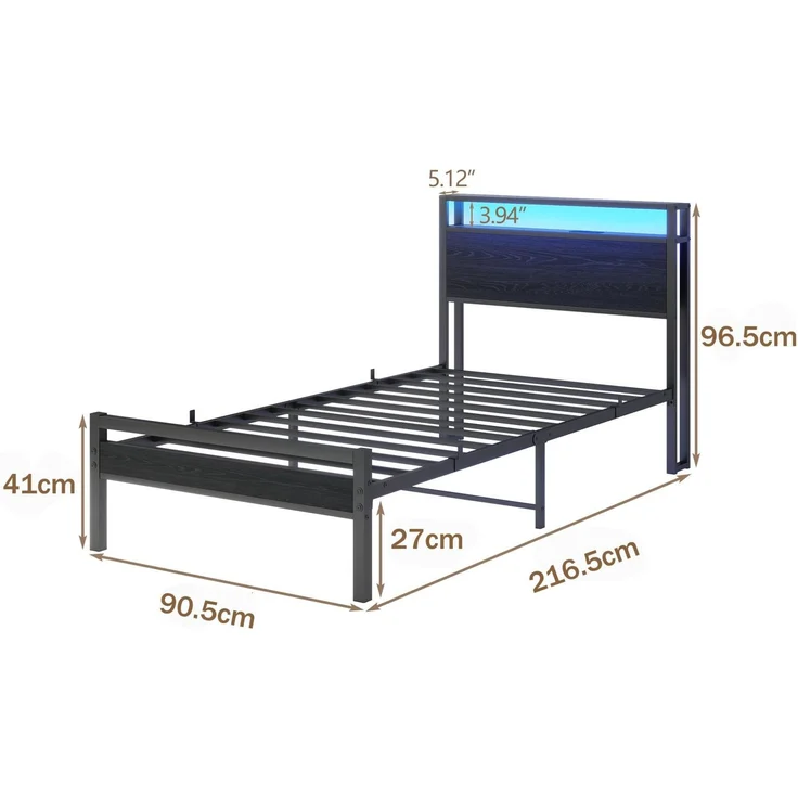 CHICFURN Bett 90x200 cm aus Metall und MDF mit Stauraum und USB-Ladefunktion Schwarz – Bild 9