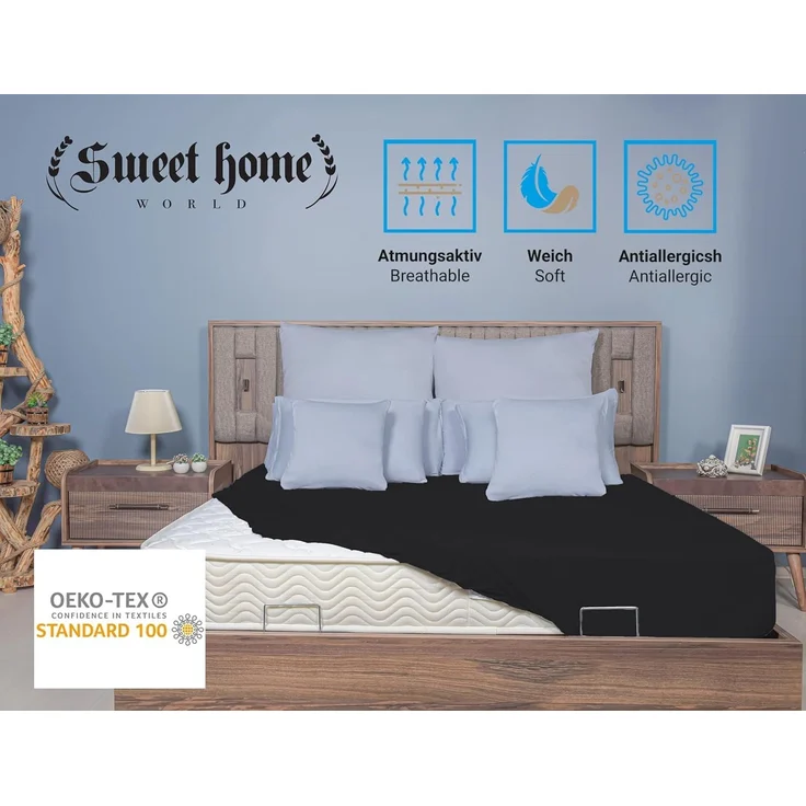 Sweet Home World Spannbettlaken Jersey, 100% Baumwolle, Schwarz, 180x200 cm – Bild 5