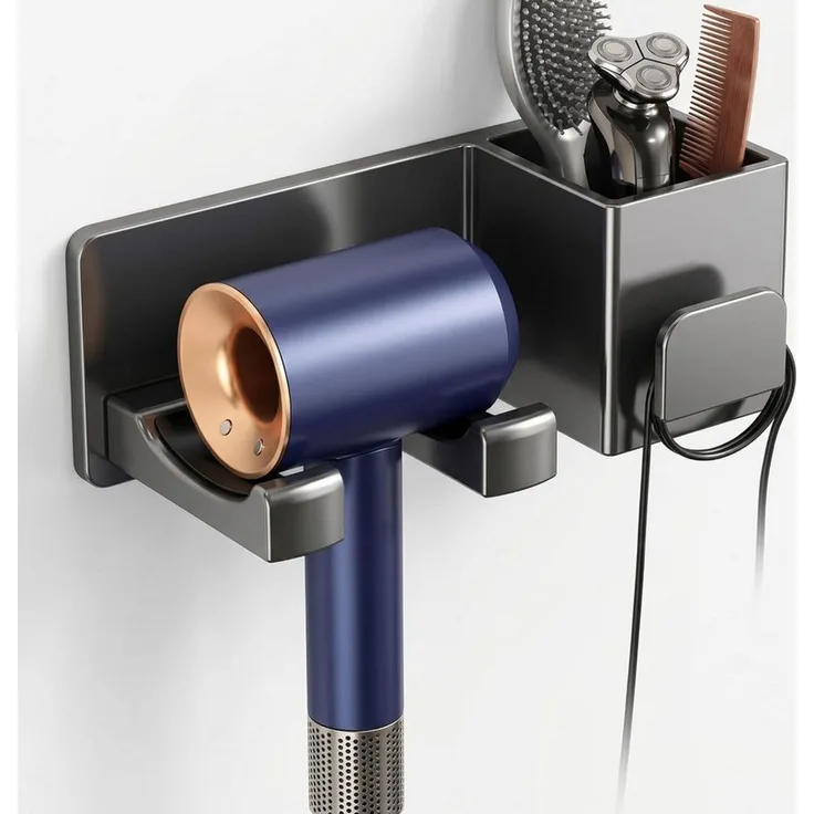 ibettertec Haartrocknerhalter Föhnhalter Wand Ohne Bohren, mit Kabelhalter und Aufbewahrung, (Praktisches Wandregal für Föhn-Badezimmer Aufbewahrung, für Haushalte Badezimmer Hotels Gästezimmer Friseursalons Barbershops)