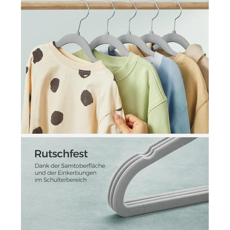 SONGMICS Kinderkleiderbügel, 50er Set Kleiderbügel Kinder, Baby-Kleiderbügel, Bügel Samt, 360° drehbarer Haken in Silber, platzsparend, rutschfest, für Kleiderschrank, Taubengrau CRF027G05 – Bild 3