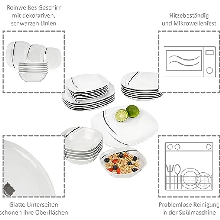 Sänger Bilgola Black Lines Kombiservice, Weiß, Porzellan, 25x4.5x25 cm, 24-teilig, Geschirr Set für Speisen und Getränke – Bild 3