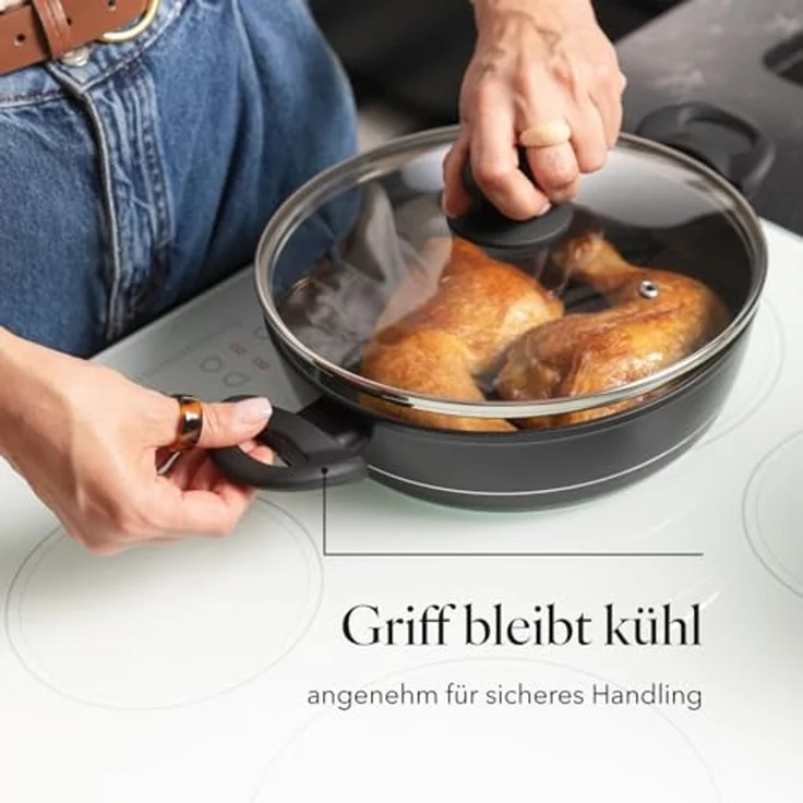 FLORINA Aluminium Topf (1,3 l) 20 cm I Kochtopf DELUX mit Glasdeckel I Messbecher & Antikratz-Beschichtung I Niedriger Topf mit Induktionsboden I Induktionsherd, Gasherd, Elektroherd (Schwarz) – Bild 6