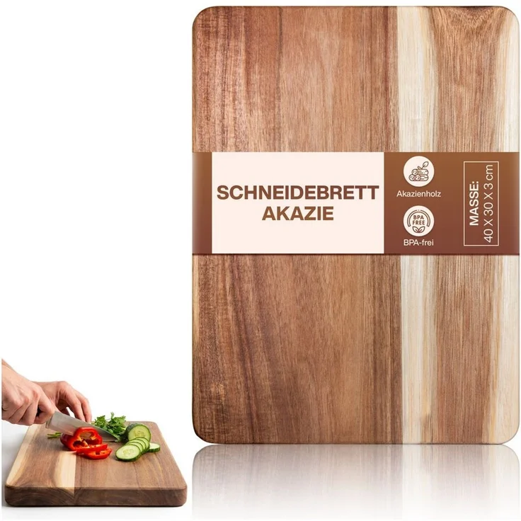 PEGSEN Schneidebrett Premium Küchenbrett Hackblock Holzschneidebrett 40x30x3cm, Massivholz, Akazienholz, mit rutschfesten Standfüßen, Servierbrett & Tranchierbrett – Bild 1
