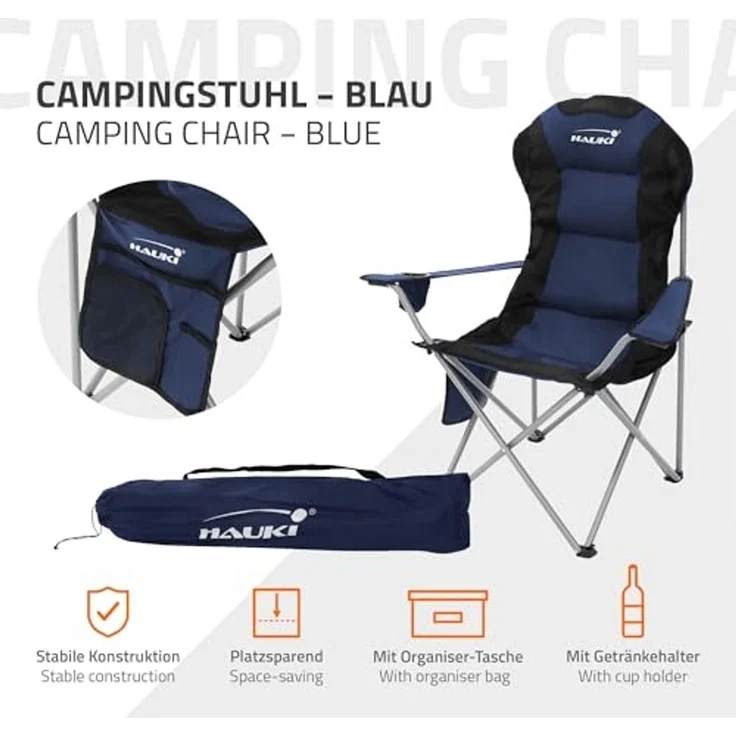 Hauki Campingstuhl Faltstühl faltbar mit Getränkehalter & Tragetasche bis 150kg (2 St), 2x Klappstuhl 56x95x110cm Blau Angelstuhl mit Hochlehner Gepolster – Bild 4