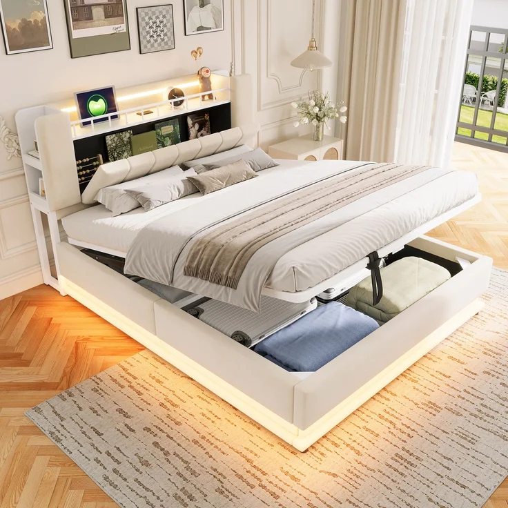 EINHOM Smartes Polsterbett 160 x 200 cm mit LED-Beleuchtung, USB- und Hydraulischem Stauraum, Weichem Samtbezug und Metallrahmen Beige, (Ohne Matratze) – Bild 1