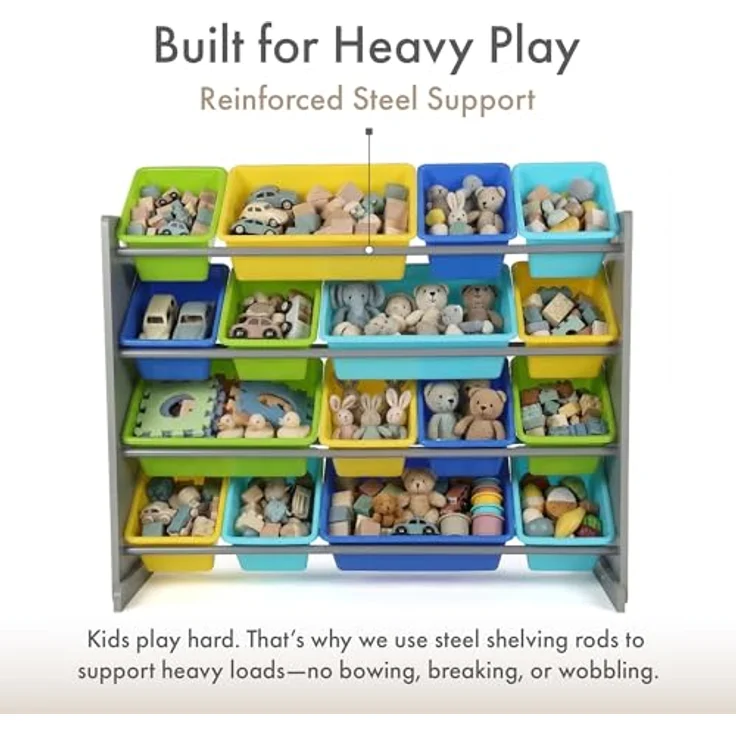 Humble Crew buntes Kinderregal, Grau/Blau/Grün/Gelb! 16 Boxen für Spielzeug, ideal für Kinderzimmer. Fröhliche Ordnung schaffen! – Bild 5