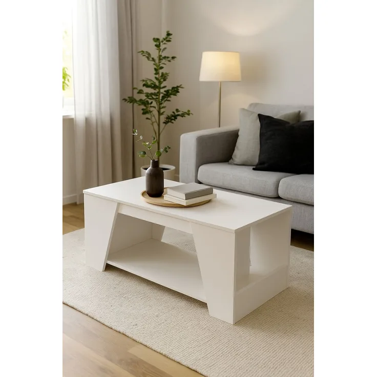 Moderner Couchtisch weiß 100x50 cm mit Ablageboden & seitlichen Fächern – Holzwerkstoff Wohnzimmertisch