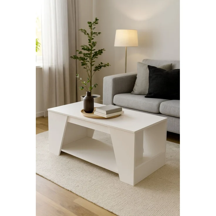 Moderner Couchtisch weiß 100x50 cm mit Ablageboden & seitlichen Fächern – Holzwerkstoff Wohnzimmertisch – Bild 1