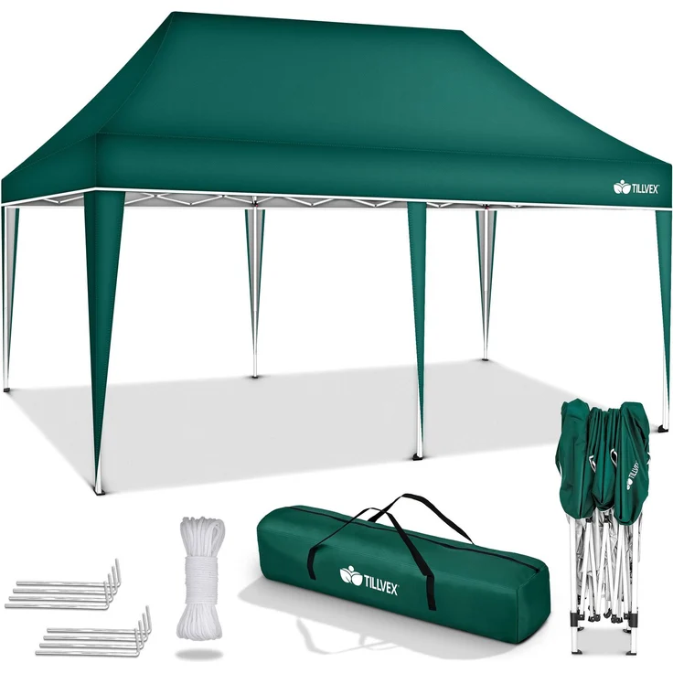 tillvex Pavillon 3x6m Grün wasserdicht | Pop-Up Faltpavillon höhenverstellbar | Gartenzelt UV Schutz 50+ | Partyzelt mit Tasche für Garten – Bild 6