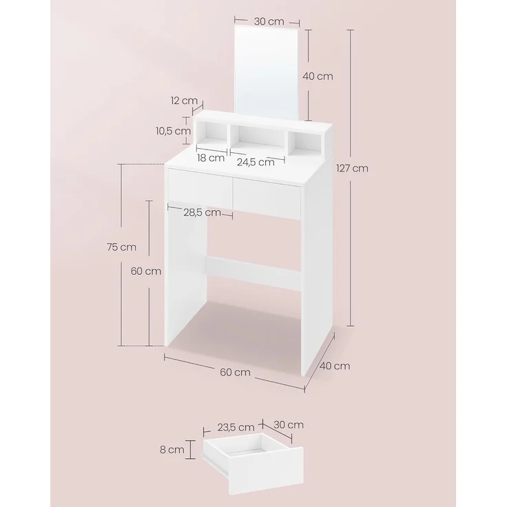 VASAGLE Schminktisch mit großem Spiegel, Frisiertisch, 2 Schubladen, 3 offene Fächer, Kosmetiktisch, modern, weiß RDT103W01 – Bild 5