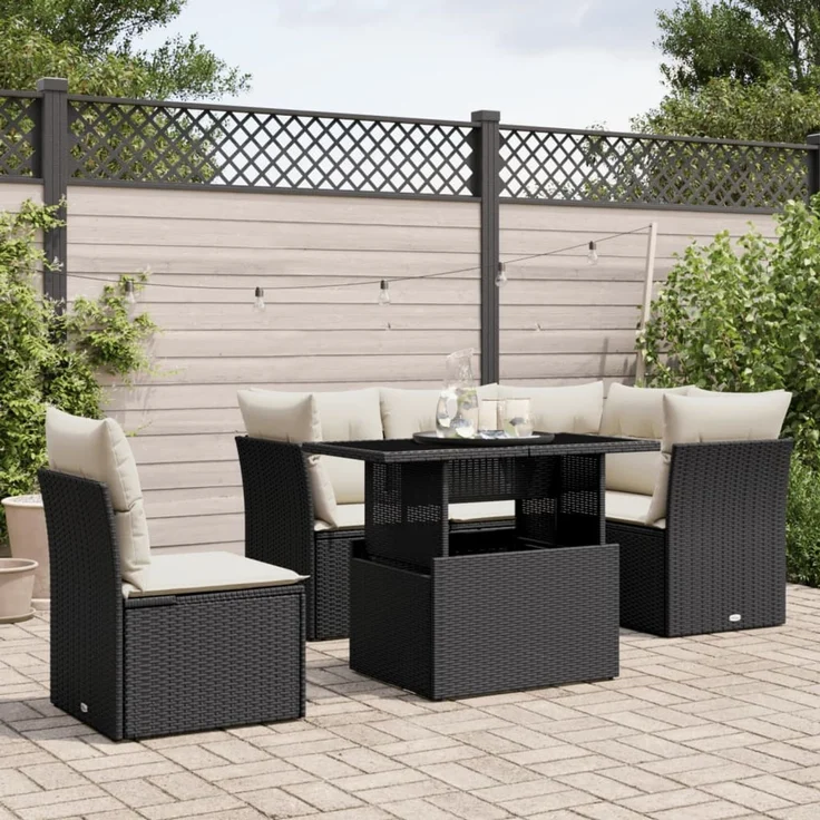 vidaXL 6-tlg. Garten-Sofagarnitur mit Kissen Schwarz Poly Rattan 3266586 – Bild 1