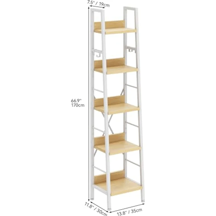 YITAHOME Schmal Bücherregal mit 5 Ebenen 35 cm Breit, Industrielles Leiterregal Standregal Holzregale und Metallrahmen, Modernes Regal für Wohnzimmer, Weiß und Eiche – Bild 7