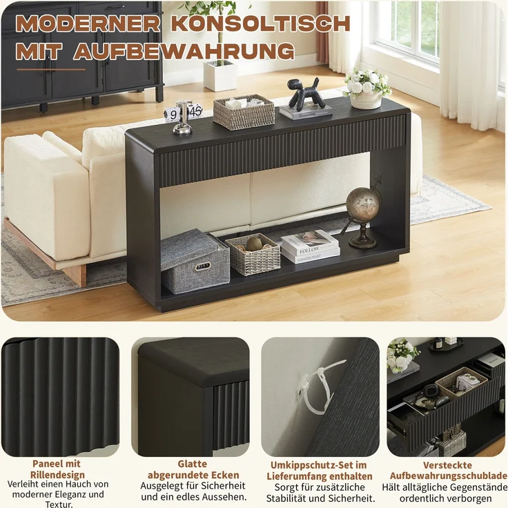 DESVIAE Sideboard Schwarz aus Spanplatte/MDF – 150x85x35 cm – 2 Schubladen, offenes Fach – Bild 4