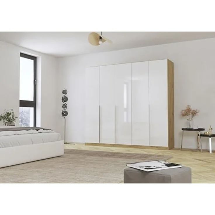 Rauch Möbel Alabama, Kleiderschrank für Schlafzimmer, Kinderzimmer, Wohnzimmer, Garderobe, Flur, 5-türig, mit Zubehör Classic, Farbe Weiß Hochglanz/Eiche Artisan, Holz, Breite 226 cm – Bild 2