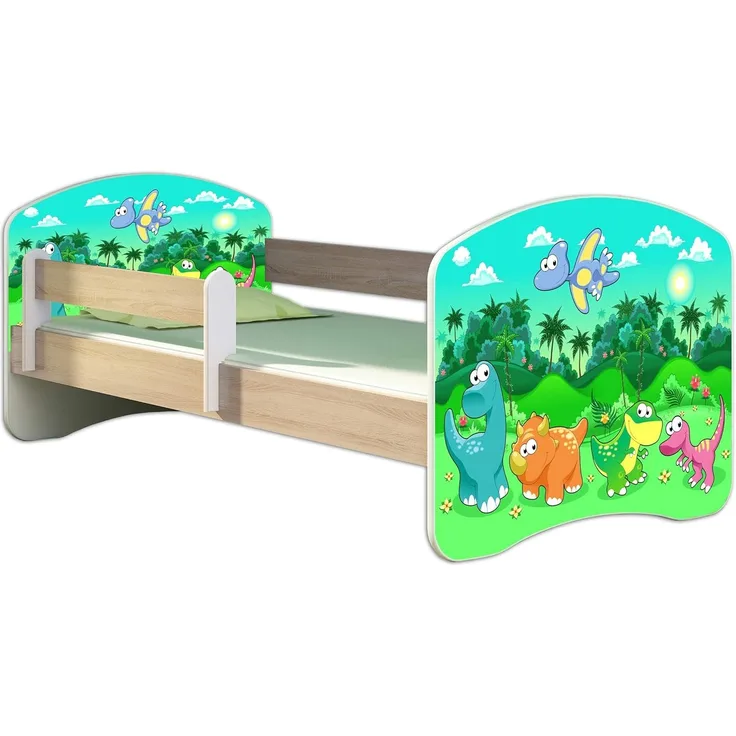 Kinderbett Jugendbett mit einer Schublade und Matratze Sonoma mit Rausfallschutz Lattenrost ACMA II 140x70 160x80 180x80 (30 Dino, 140x70)