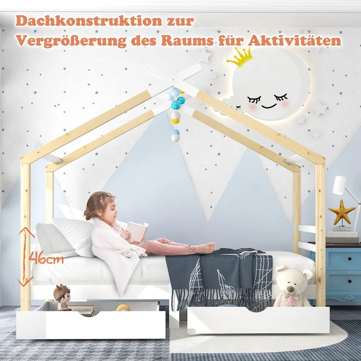 Merax Kinderbett Hausbett mit Schubladen, Massivholz mit Lattenrost, Kiefernholz Hausbett , Kinder und Jugendzimmer, weiß+holzfarbe (90x200cm) – Bild 5